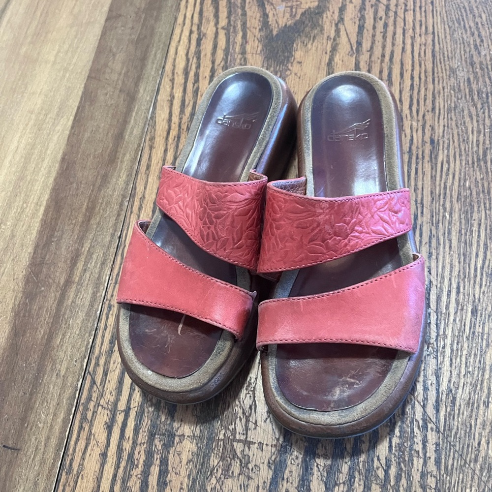 Dansko Coral Red Leather Double-Strap Slide Sandals - Picture 3 of 4